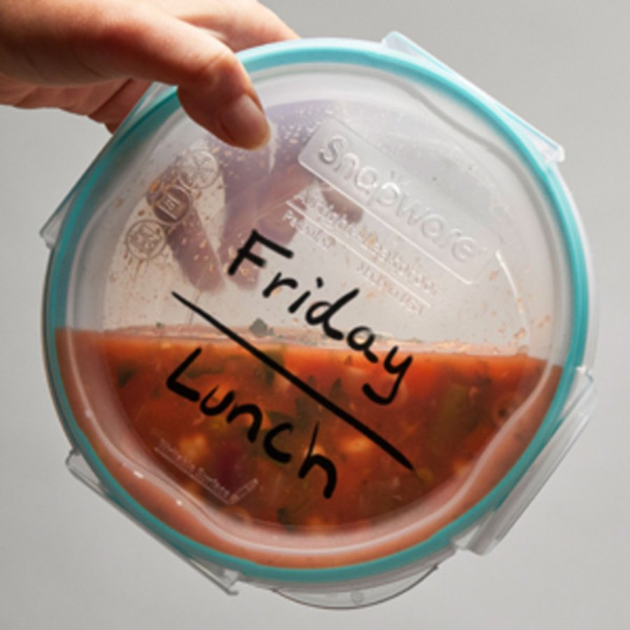 Snapware: write the day on the lid, wipe it off later